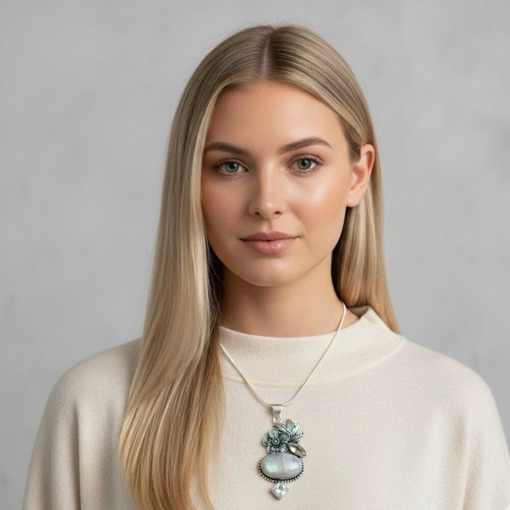 Stunning Sterling Silver Filigree Moonstone White Topaz Pendant Floral Necklace - Picture 8 of 8